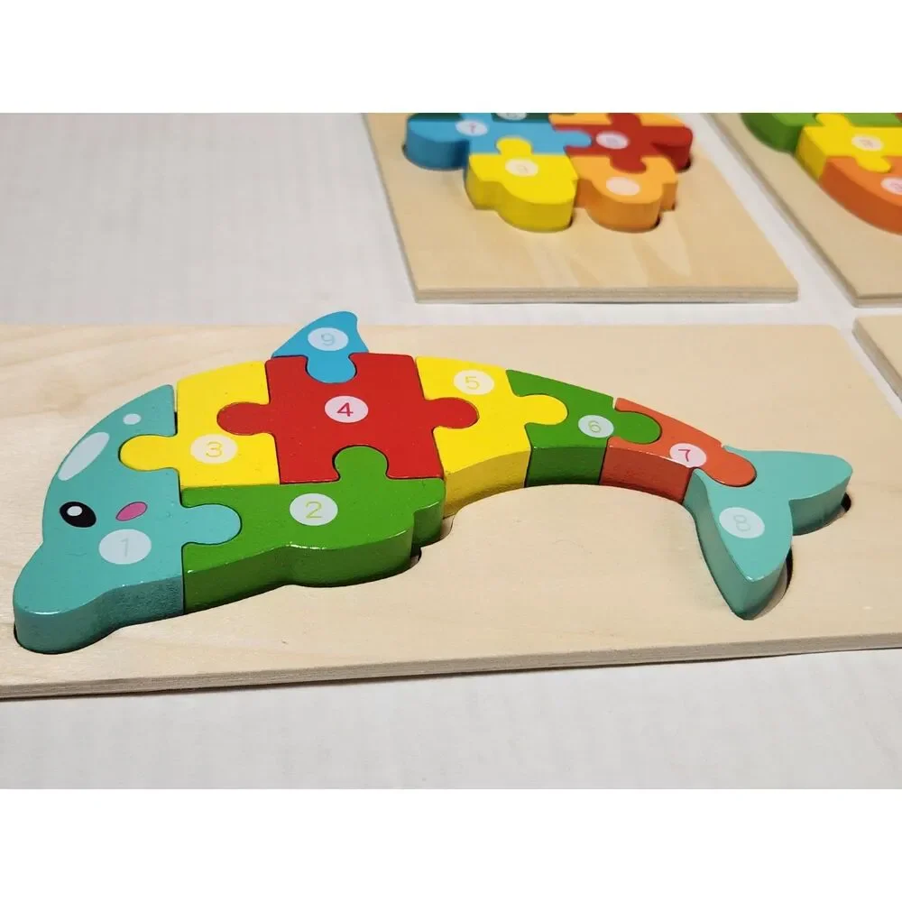 Lot of 4 Wooden Number Puzzles – Small Colorful Animal Learning Puzzles